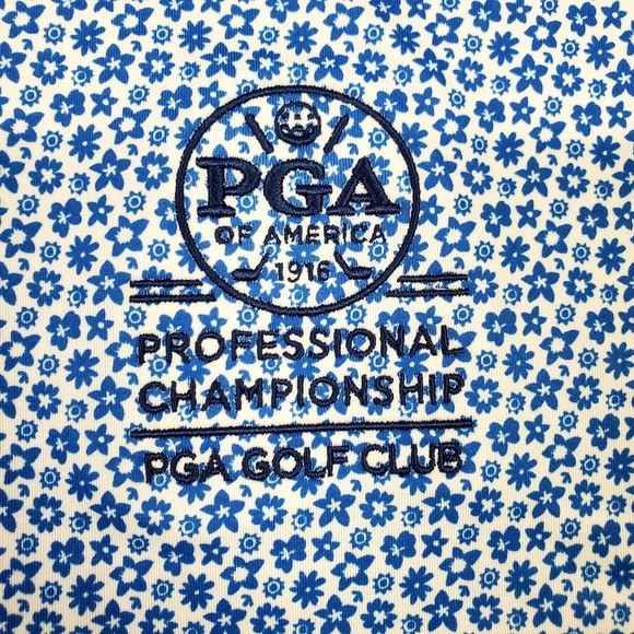 FJ FootJoy Allover Floral Lisle Polo shirt Large Marine White PGA Golf Club - Picture 3 of 12